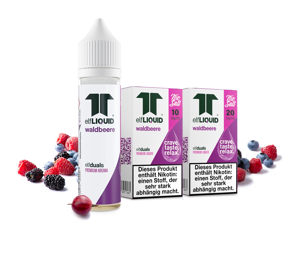 die verschiedenen elfLIQUID waldbeere Produkte mit Waldbeeren
